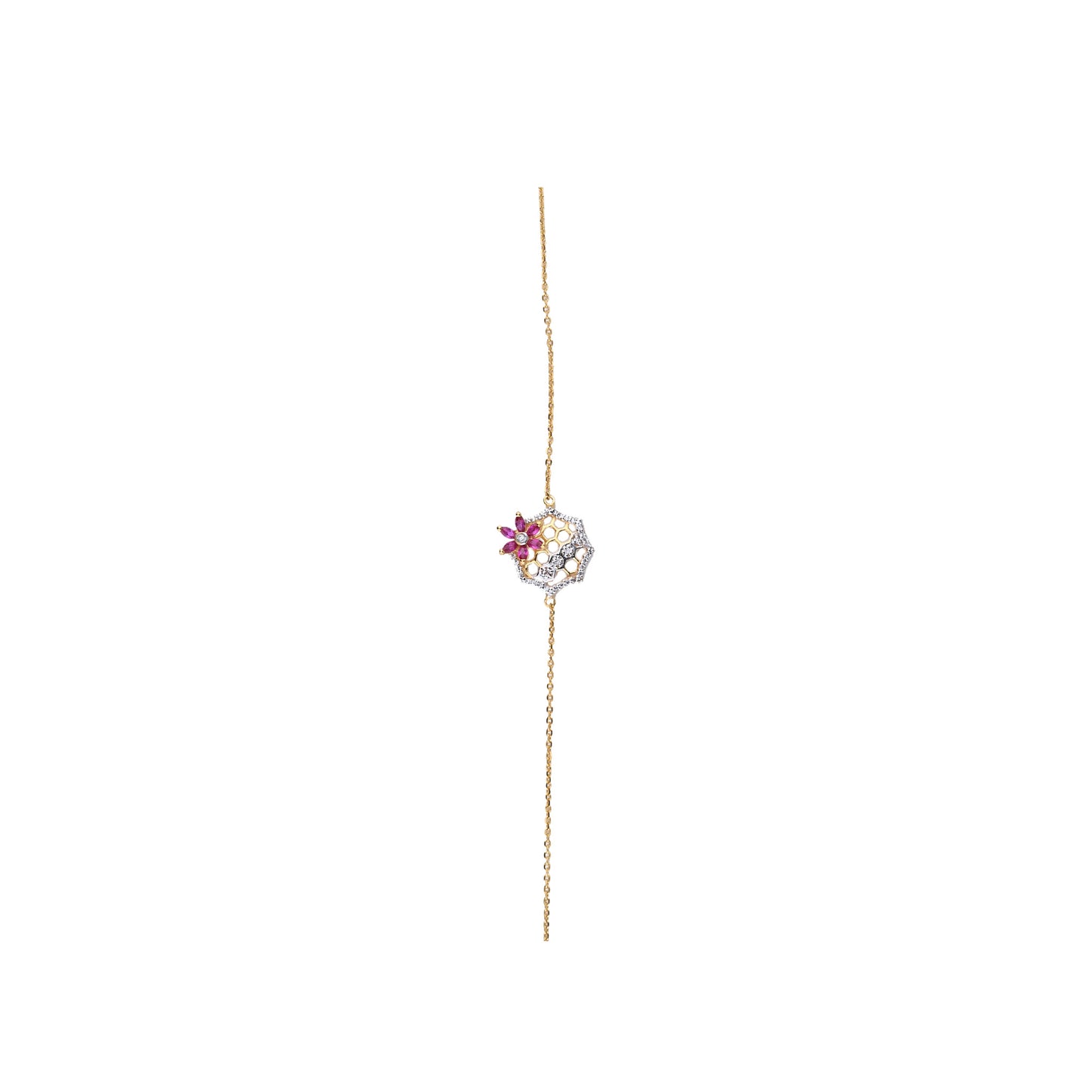Honeycomb Floral Gold Necklace with Diamonds & Rubies – Modern Geometric Pendant (1/52909)