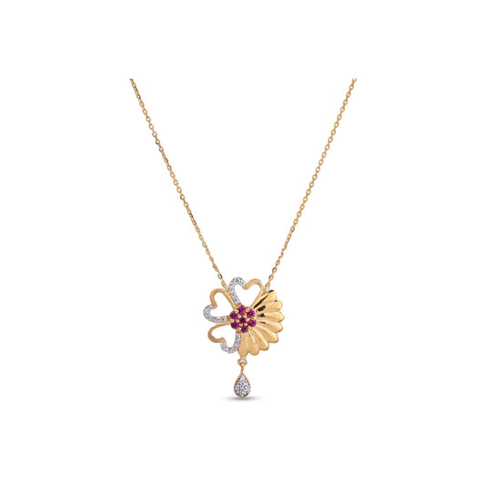 Abstract Floral Gold Necklace with Ruby & Diamond Accents – Artistic Pendant (1/53604)