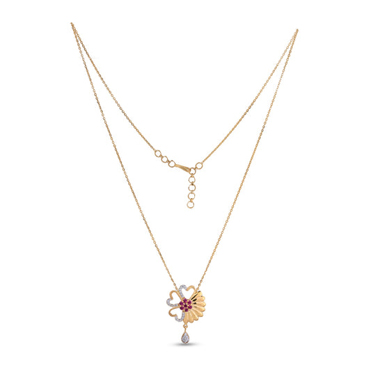 Abstract Floral Gold Necklace with Ruby & Diamond Accents – Artistic Pendant (1/53604)