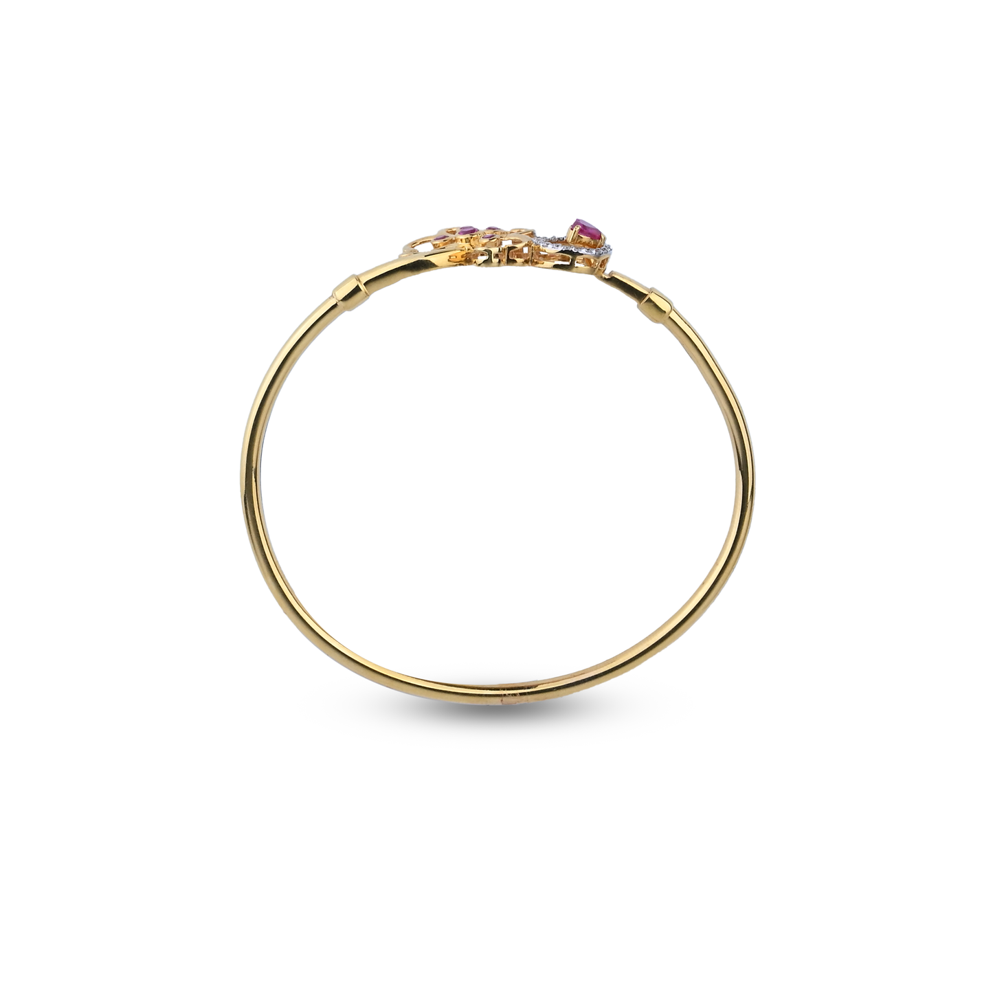 Asymmetrical Gold Bangle with Ruby and Diamond Accents – Romantic Open Designer Bangle (1/54282)